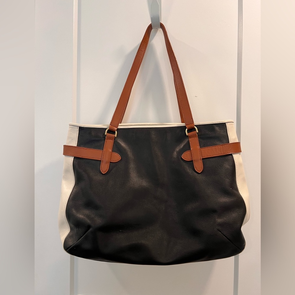 TALBOTS Black White Brown Leather Medium Handbag Satchel Tote